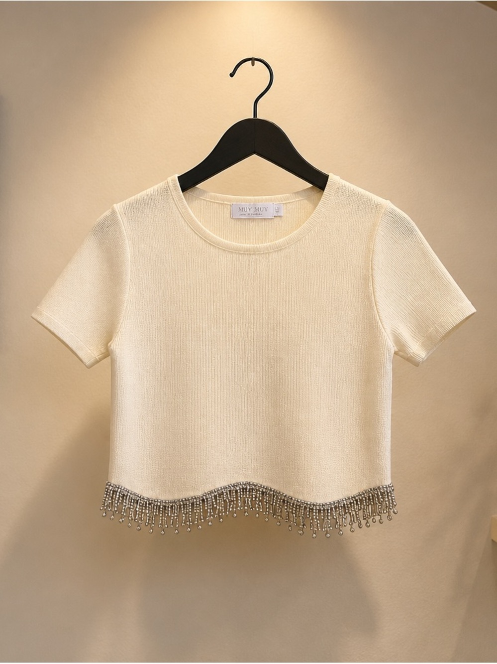MUY MUY Cream Knit Short Sleeve Top with Beaded Detail